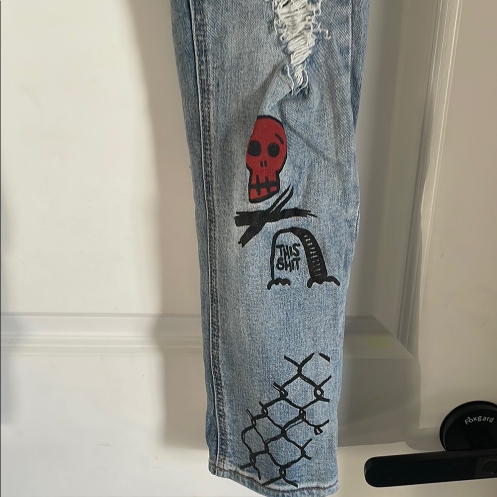 Blue Distressed Graphic Mens Jeans - Picture 2 of 9